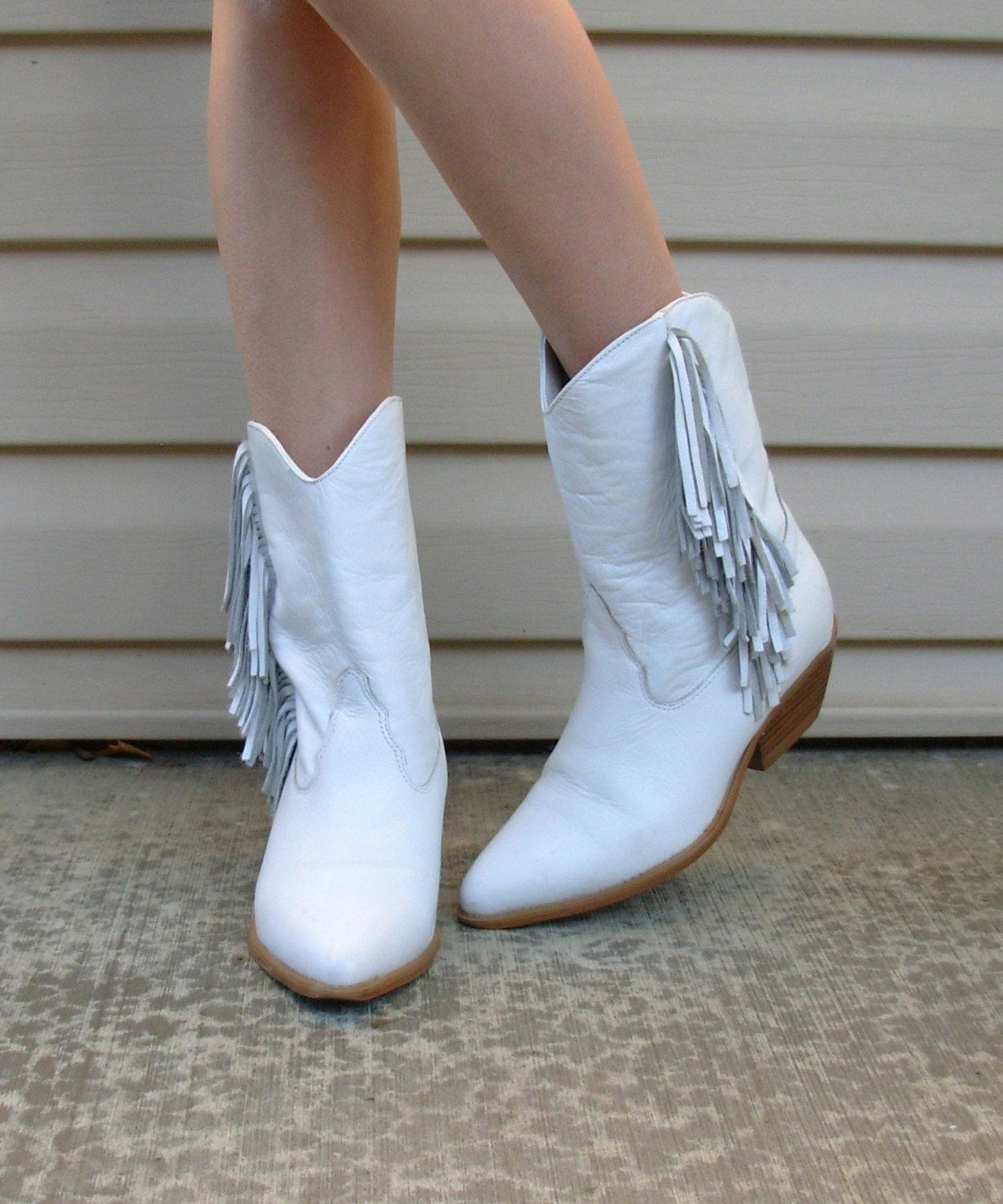 Vintage WHITE LEATHER Fringe Cowgirl Boots by JLVintage on Etsy