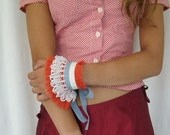Valentine Red Ruffles Cuff Arm Band in Red Cotton with Vintage Crochet Lace Grey Cotton Ribbon OOAK