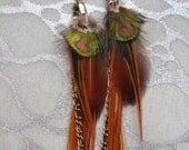 Feather Earrings - Extra Long, Auburn, Red, Black, Green, Gold, Brown, Peacock, Rooster, feathers,Copper, Brass, Chains, Trinkets, Charms