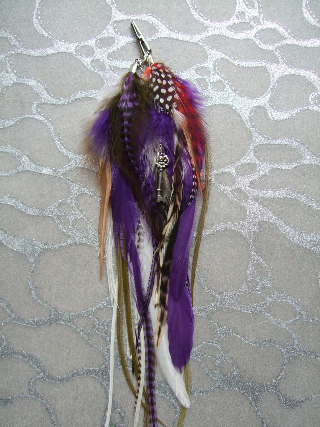 Feather Earring - OR - Hair Extension Clips In/Out Anytime -Grizzly White, Black, Purple, Olive, Brown, Red and Spotted feathers on Chains