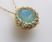 Crochet Pendant, Knitting Gold filled Swarovsky Pendant,Pacific Blue