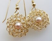 Bridal Crochet Knitting Goldfilled Pink Freshwater Pearl Circle Earring