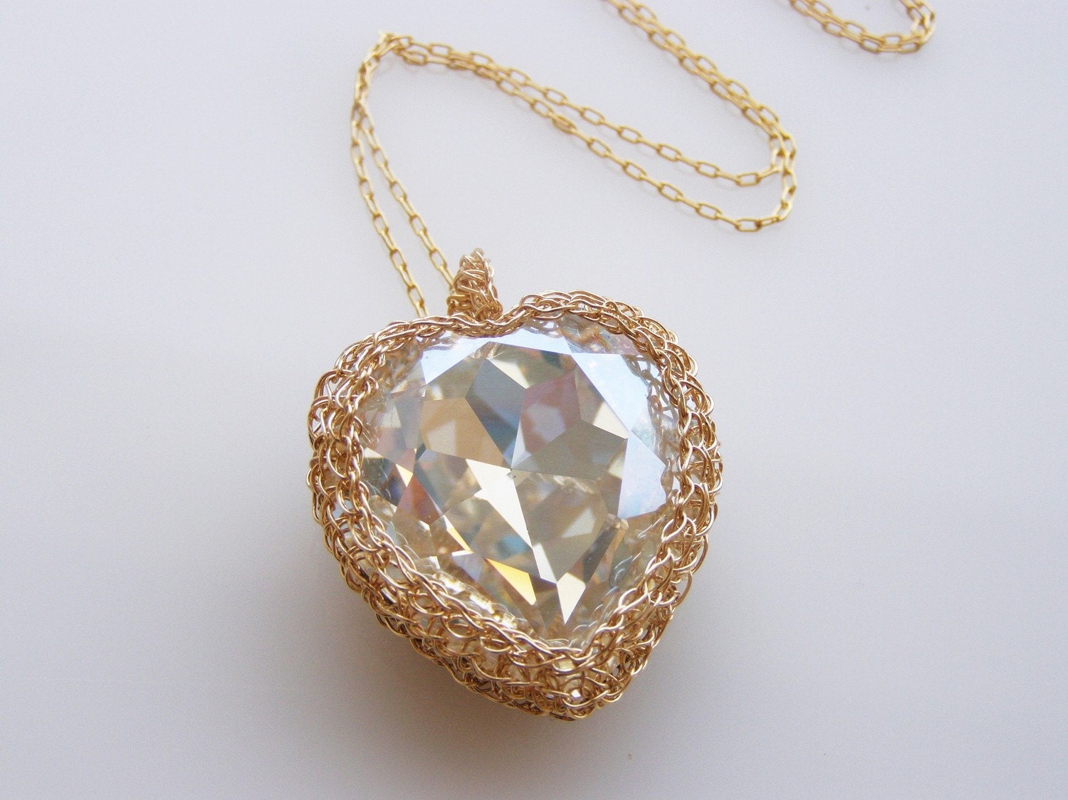 Crochet Pendant, Knitting Goldfilled, Heart Shape Moonlight Swarovsky Necklace