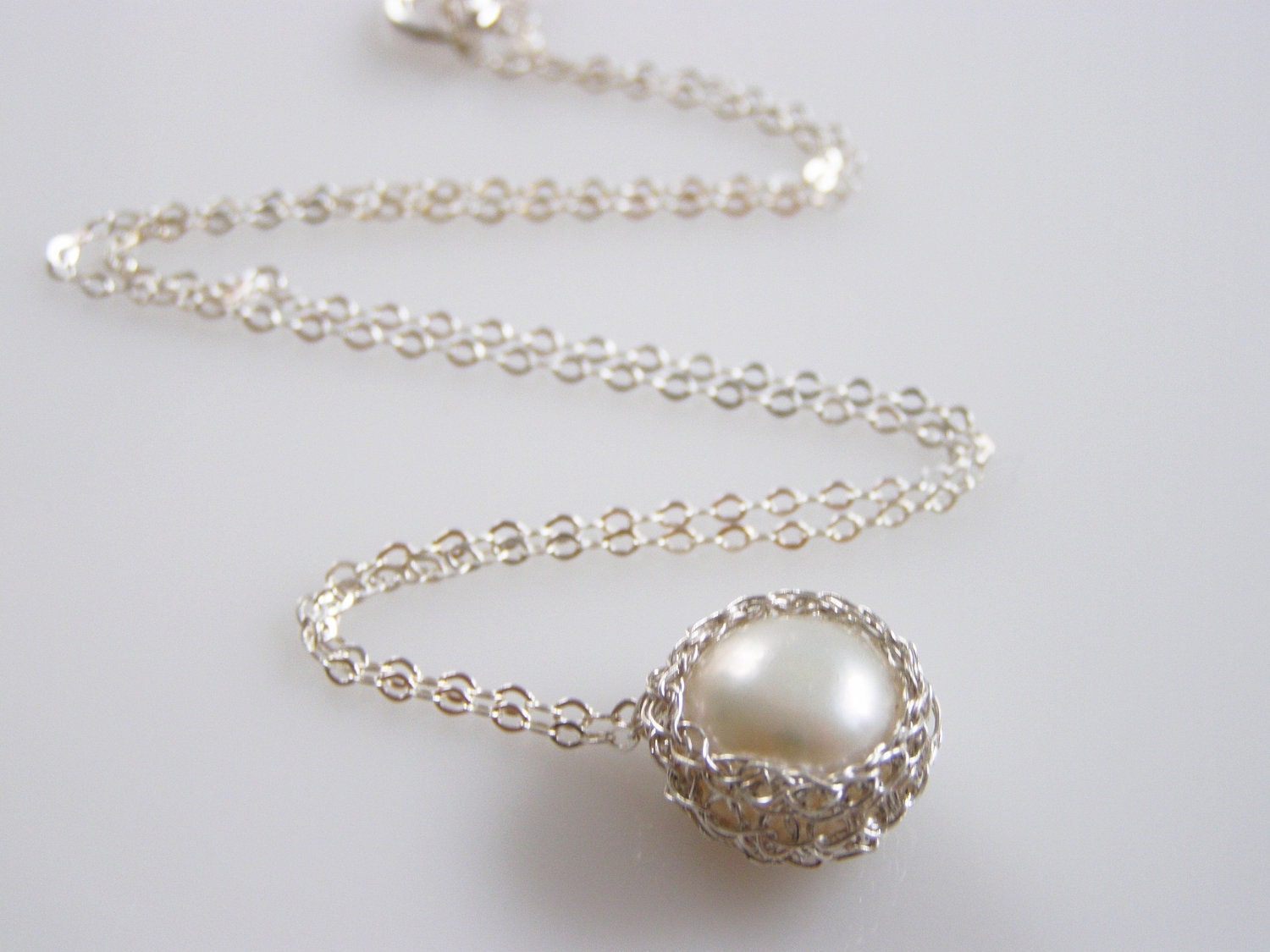 Pearl Pendant, Fine Silver Crochet Wire, Pearl Necklace, Crochet Silver, Bridesmaid Jewelry
