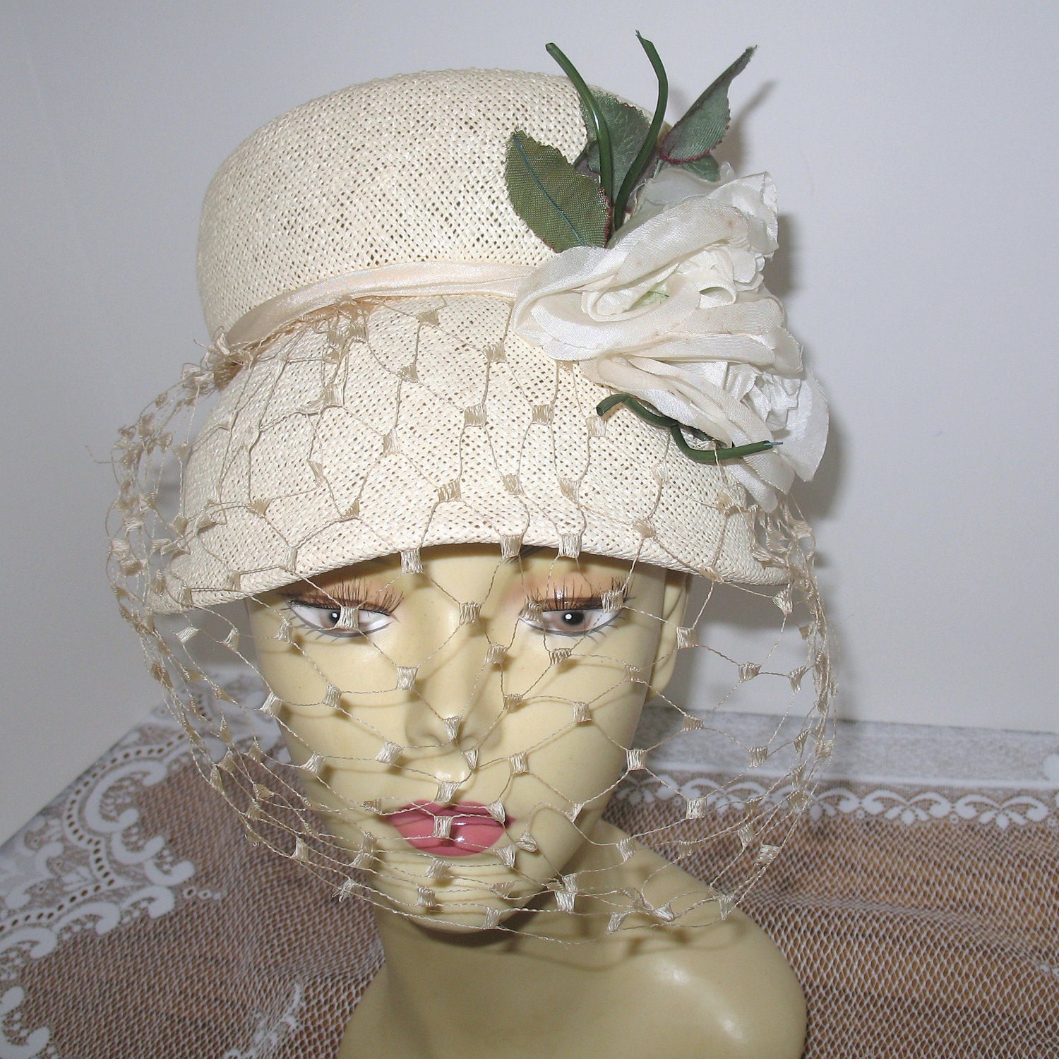 Vintage White Hat Vintage Straw Hat with Veil Union Made in The USA Vintage Hat