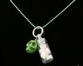 Zombie Apocalypse Poison Necklace - Gothic Jewelry - Vial of Zyanide Tablets (Cyanide Tablets) on a Chain with Green Skull by Z-END Times