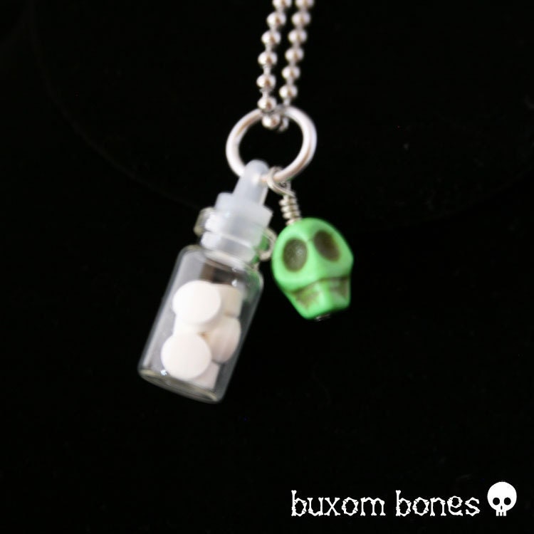 Zombie Apocalypse Poison Keychain - Gothic Jewelry - Vial of Zyanide Tablets (Cyanide Tablets) on a Keychain with Green Skull by Z-END Times