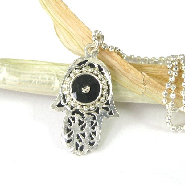 Silver Hamsa Necklace , Small filigree Charm, Black resin Hamsa