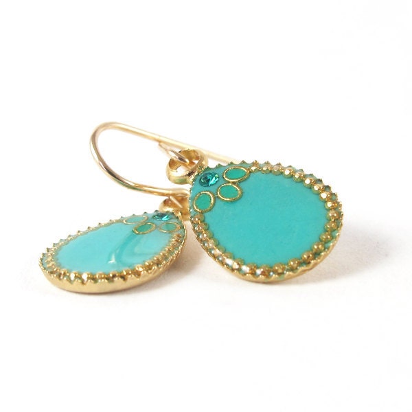 Gold Dangle Earrings -- small turquoise Drops, resin