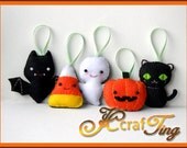 Cute Felt Ornaments - Halloween Set - Bat / Ghost / Pumpkin / Candy Corn / Black Cat