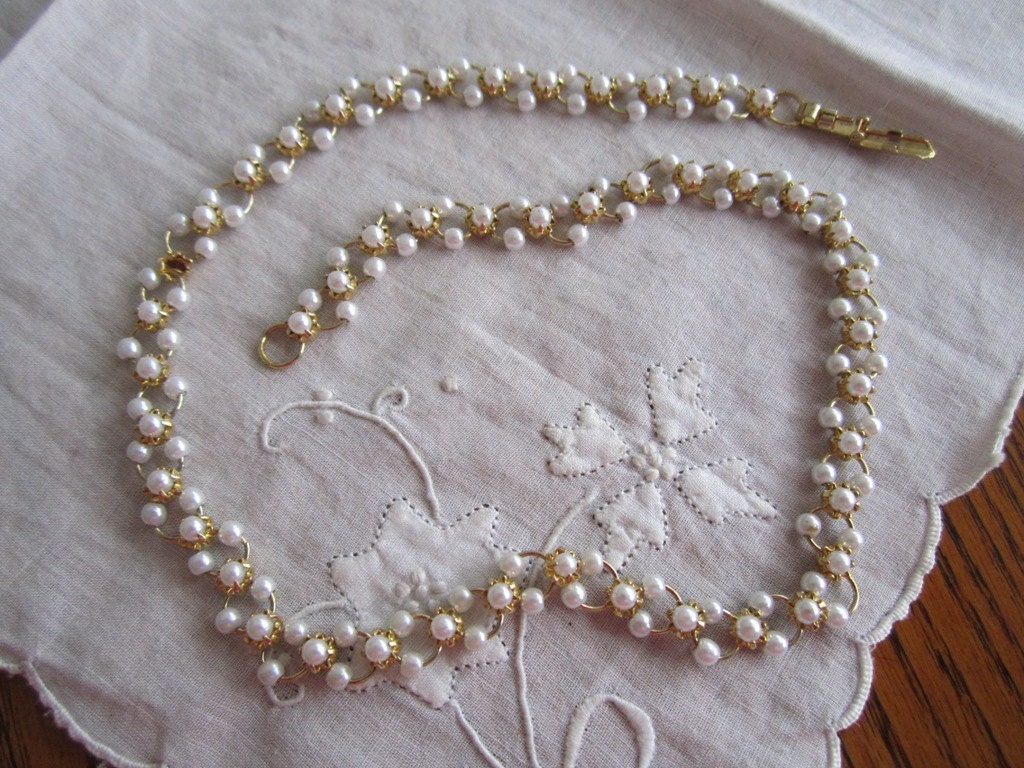 Vintage Gold Tone Link Necklace with Tiny Faux Pearls