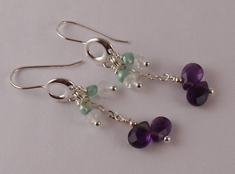 Amethyst Pearl and Quart Dangle earrings Sterling silver Holiday Christmas gift