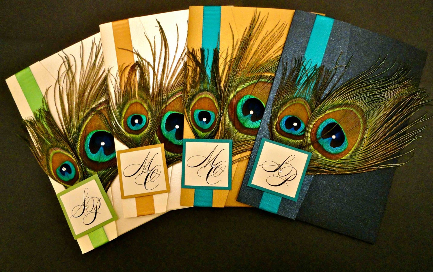 Double Peacock Feather Wedding Invitation with Rhinestone Embellishments