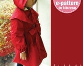 Little Red Riding Hood Trench Coat - raglan sleeves, elasticated sleeves, belt, cape hood ( Age 1 to 6) PDF patterns