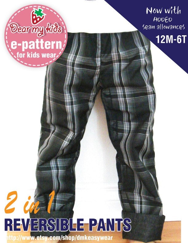 2 IN 1 Reversible Pants- One side pocket, elastic band waist (12M - 6T) PDF patterns