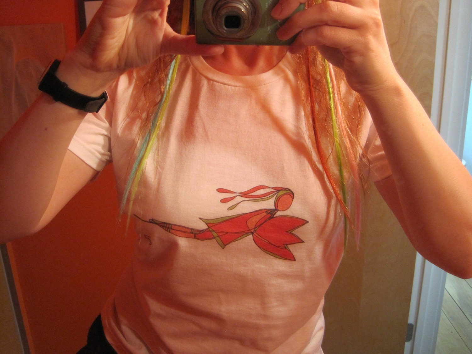 adult size M t-shirt of girl flying on a tulip. by rachel awes.