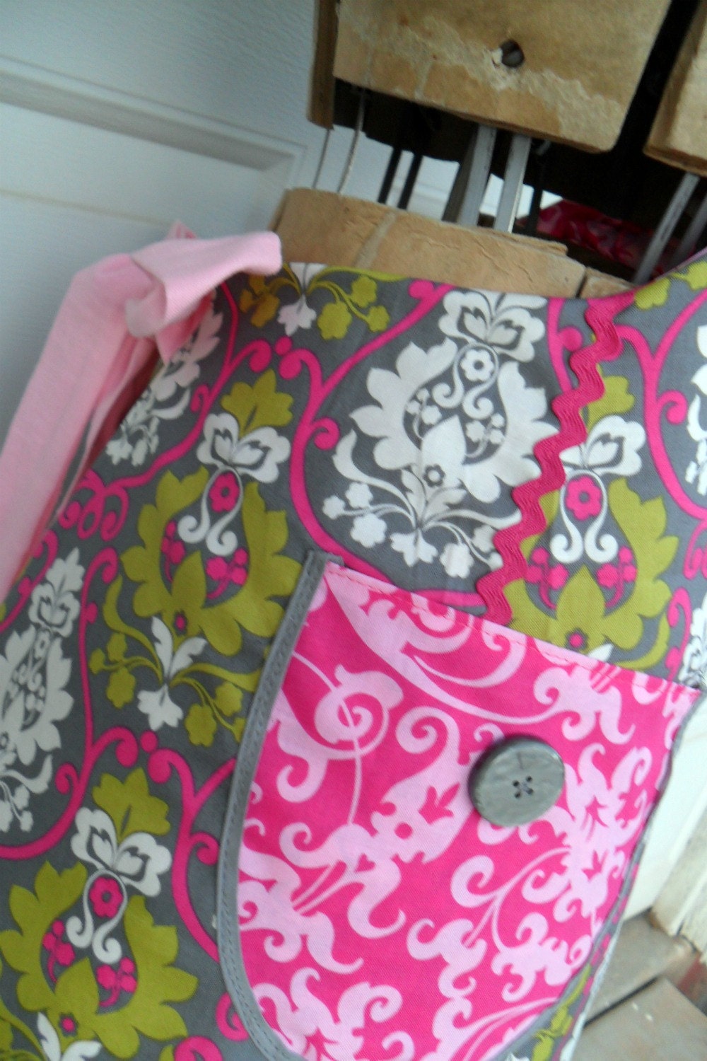 Flirty Reversible Apron in Hot Pink,Green and Gray