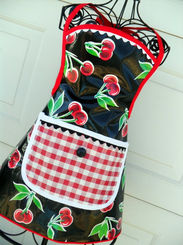Little Girls Art Smock or Cooking Apron in Retro Cherries Wipe Clean Vinyl