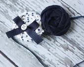 Catalina- navy white polka dot double rosette headband