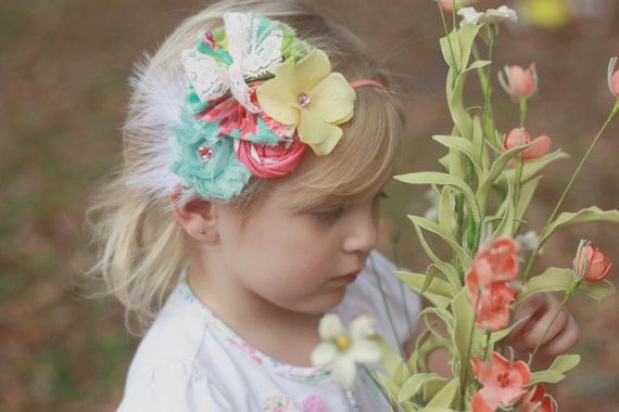 Easter Whim- aqua, pink, peach, coral and yellow rosette and flower collage headband with feather