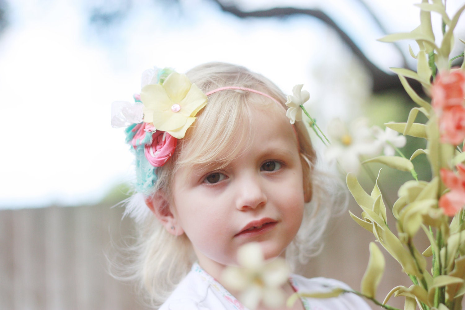 Easter Whim- aqua, pink, peach, coral and yellow rosette and flower collage headband with feather