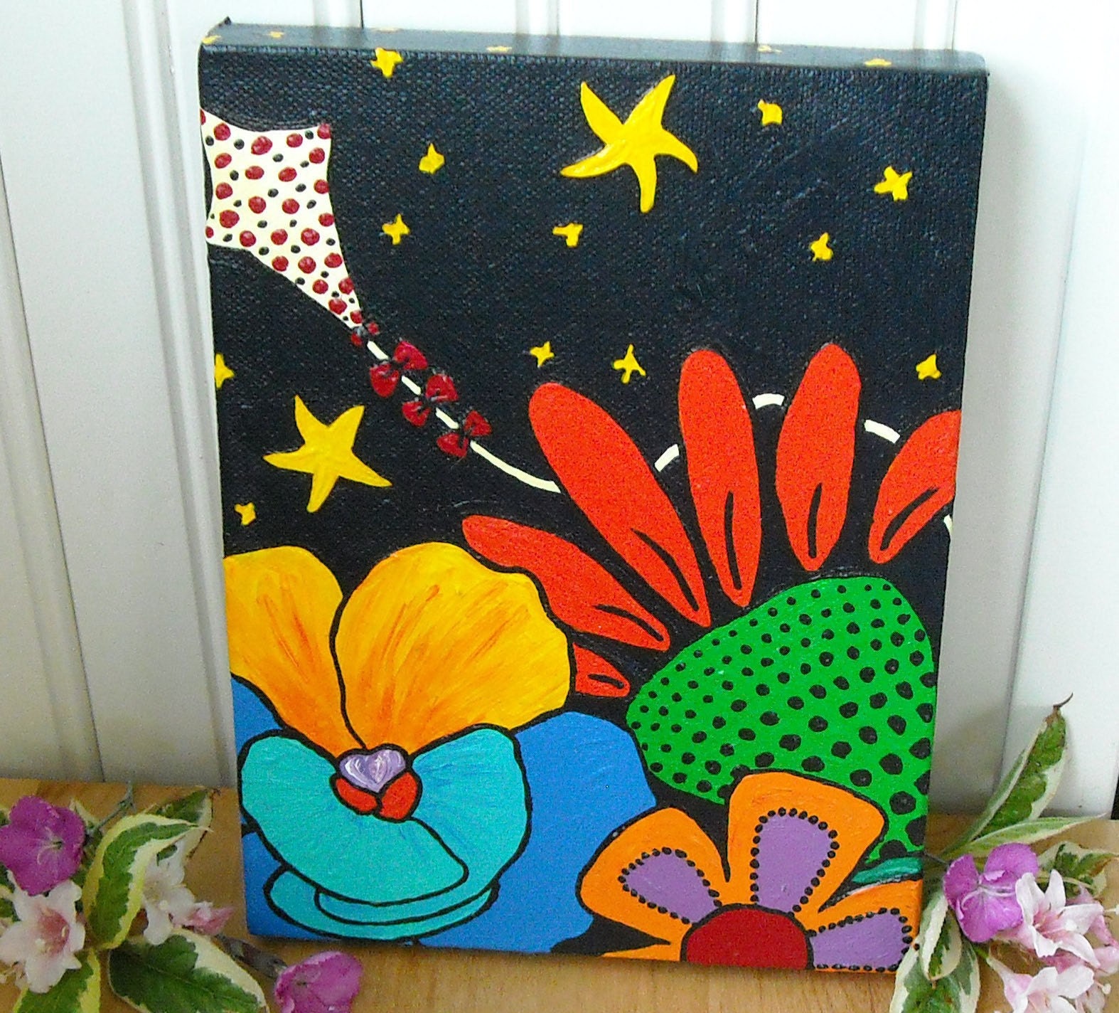 Flowers & Kite Acrylic Fine Art Painting - A Seussical Adventure Whimsical Wall Hanging - Nursery Children Kids Room Decor - FLY