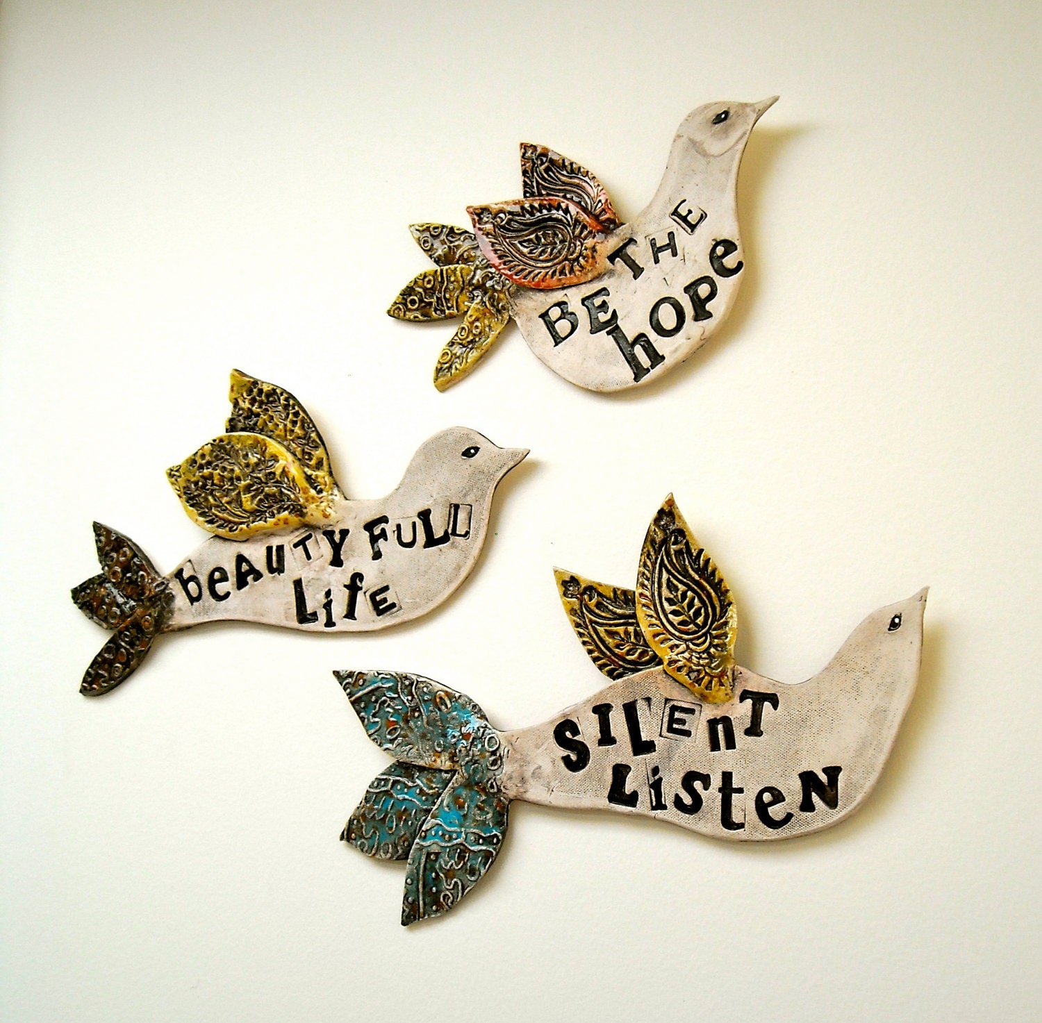 Custom Poetry Bird Wall Sculpture - Handmade to Order Personalized Rustic Inspirational Pottery Quote Hanging - DEPOSIT Listing - LoveArtStudios