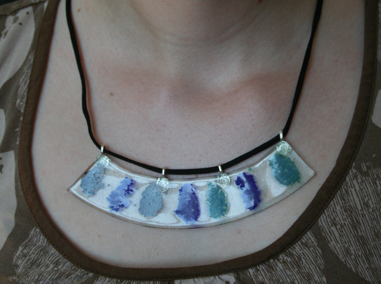 Clear Glass Necklace with Blue Green and Black Glass Petals