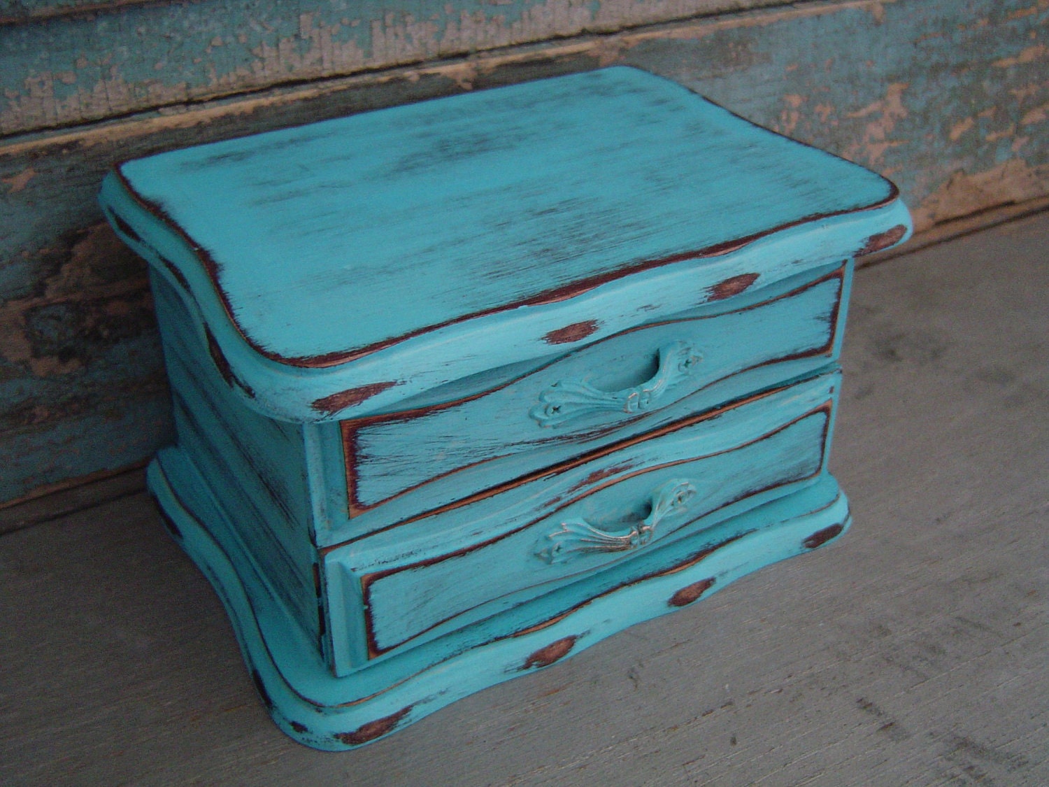 Jewelry Box Turquoise Distressed Wooden