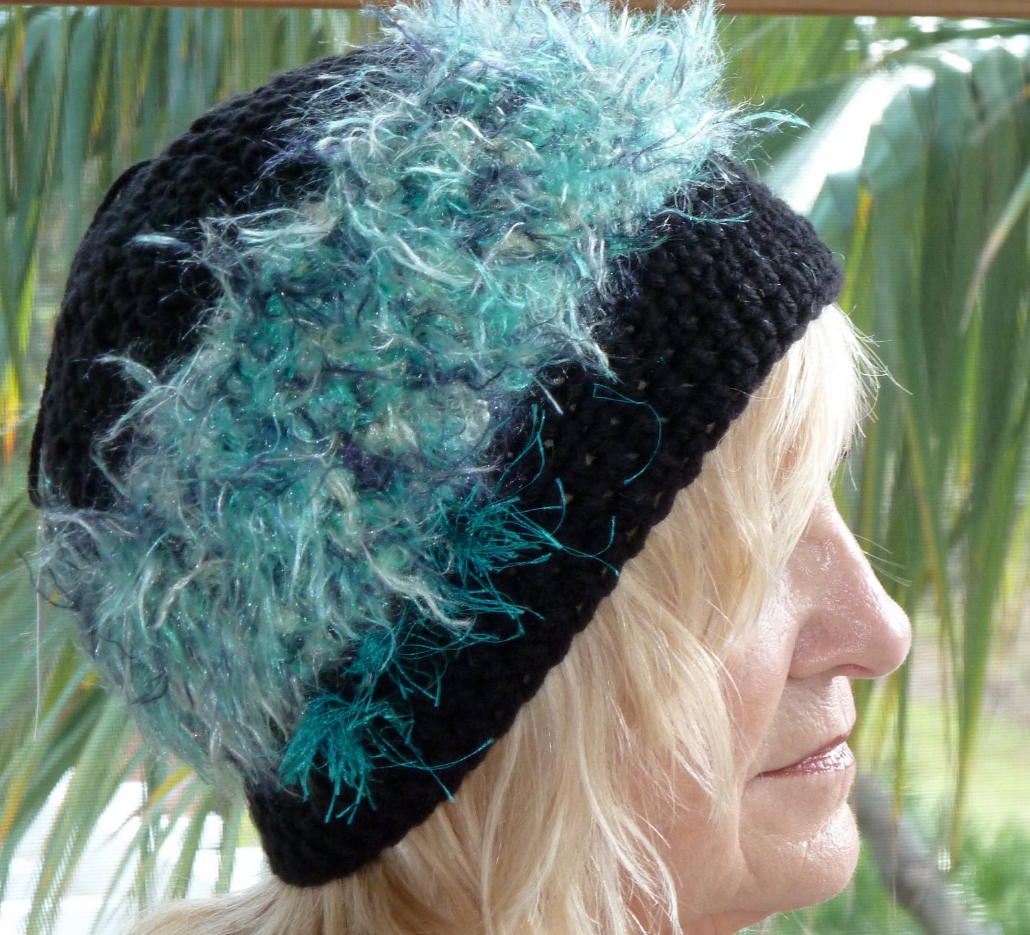 Black Crochet Woman Hat - Winter Accessories - Black and Turquoise