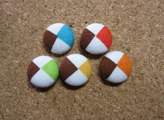 Pushpins - Bold Primary Color Argyle Pendants - Set of 5 - Fabric Cover Button Pushpin Thumbtacks