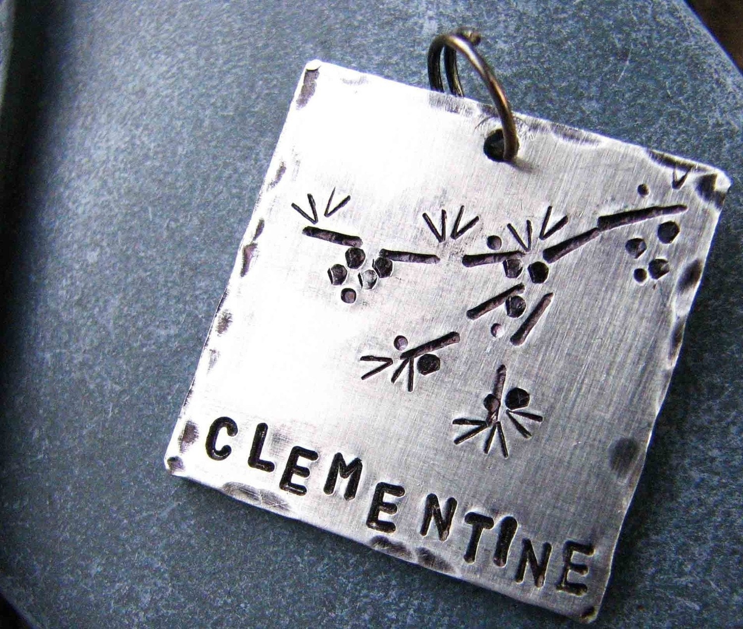 Custom Pet ID Tag, Clementine, in Hand Stamped Aluminum