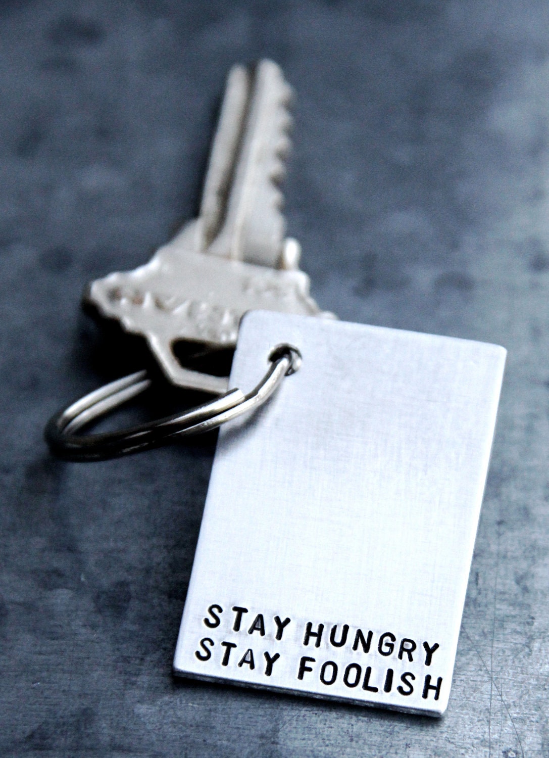 Stay Hungry, Stay Foolish - Keychain in Brushed Aluminum. Steve Jobs Quote Keychain
