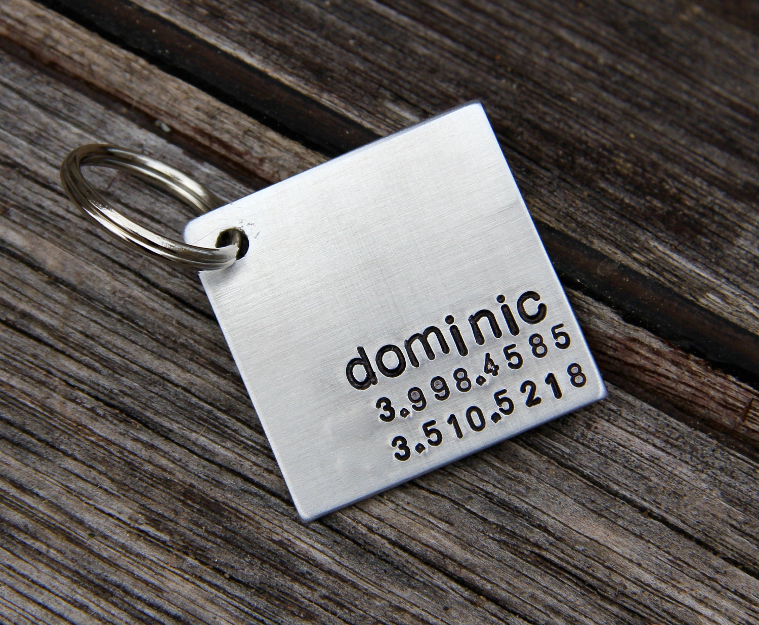 Custom Pet ID Tag - Dominic - in 1.25'' Square Brushed Aluminum