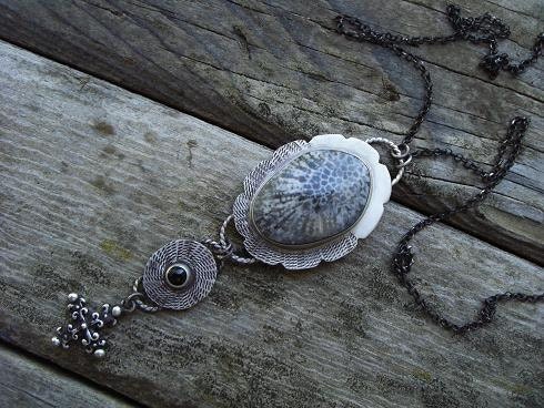 Fossilized black coral necklace in sterling silver