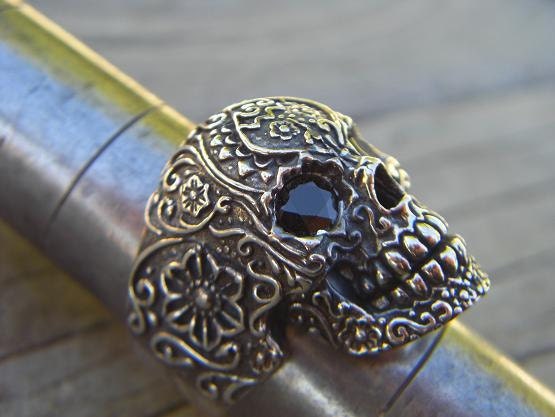 Sale....Sugar skull ring in sterling silver with black cz's for eyes