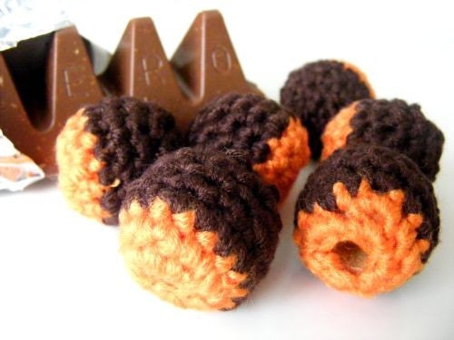 Orange Brown Organic Crocheted Beads 12 Pieces