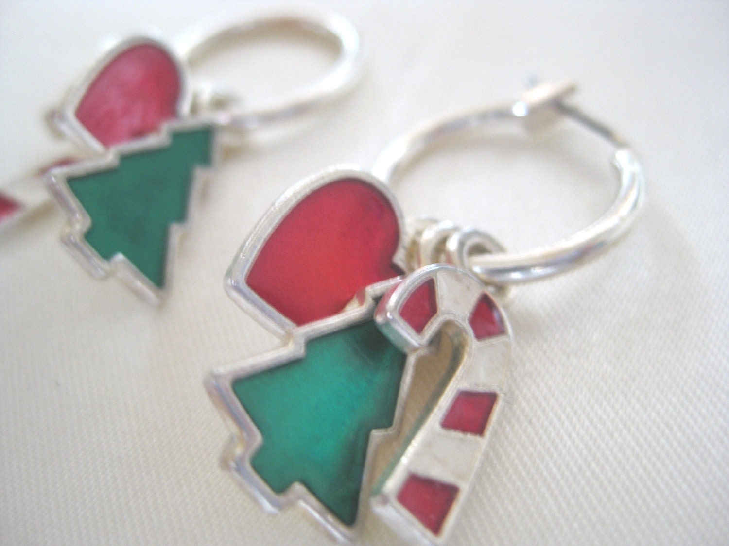 Vintage Christmas Earrings Silver Tone Hoop with Christmas Tree, Candy Cane and Heart FREE SHIPPING