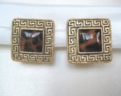 Perfect for Summer Vintage Animal Print Earrings with  Greek Key Design in Gold Tone Metal Clip On  Earrings