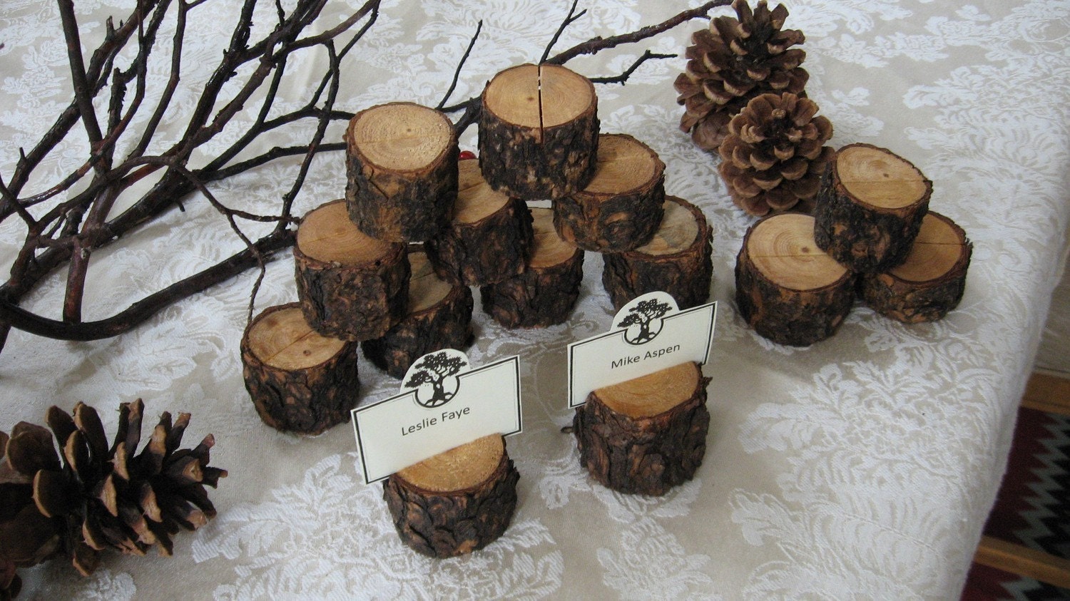 Rustic Wood Place Card Holders - Name Card Holders - Table Number Holders - Menu Holders - Rustic Woodland Pine - Eco-Friendly - Set of 14