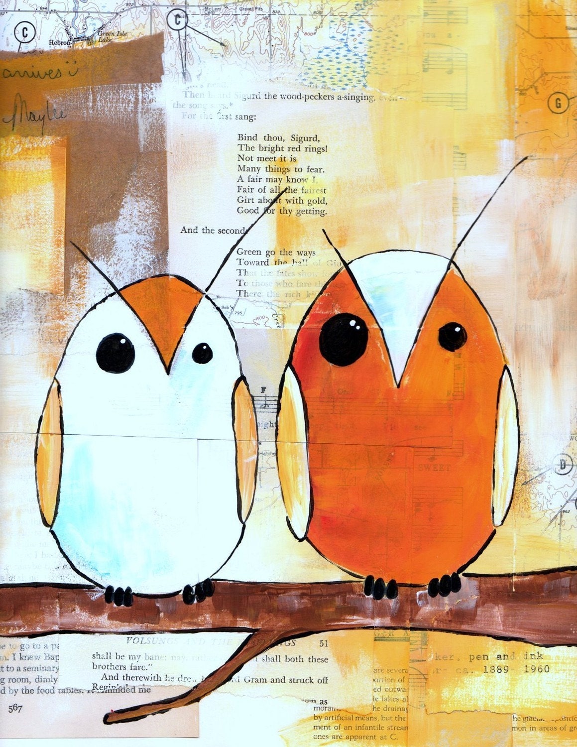 Owl custom drawing on old book page- own your own one of a kind owl on paper - eco / green / recycled / fantastic