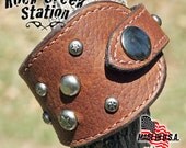Brown Oiled Leather Cuff with Gunmetal Gray Spots, Leather Wrist Cuff, Handmade Bracelet