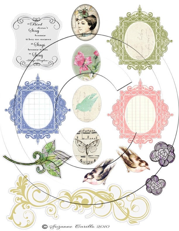 Printable Collage Tags Embellishments Digital Artwork A Bird Sings