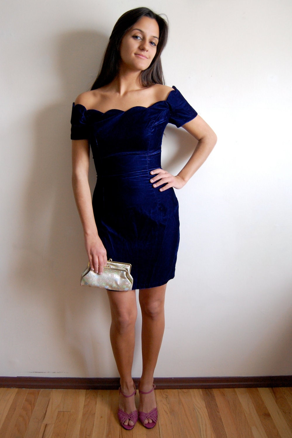 reserved // Vintage Velvet Dress - Navy Blue Wiggle Dress with Scalloped Neckline - Roberta - Size X-Small/Small