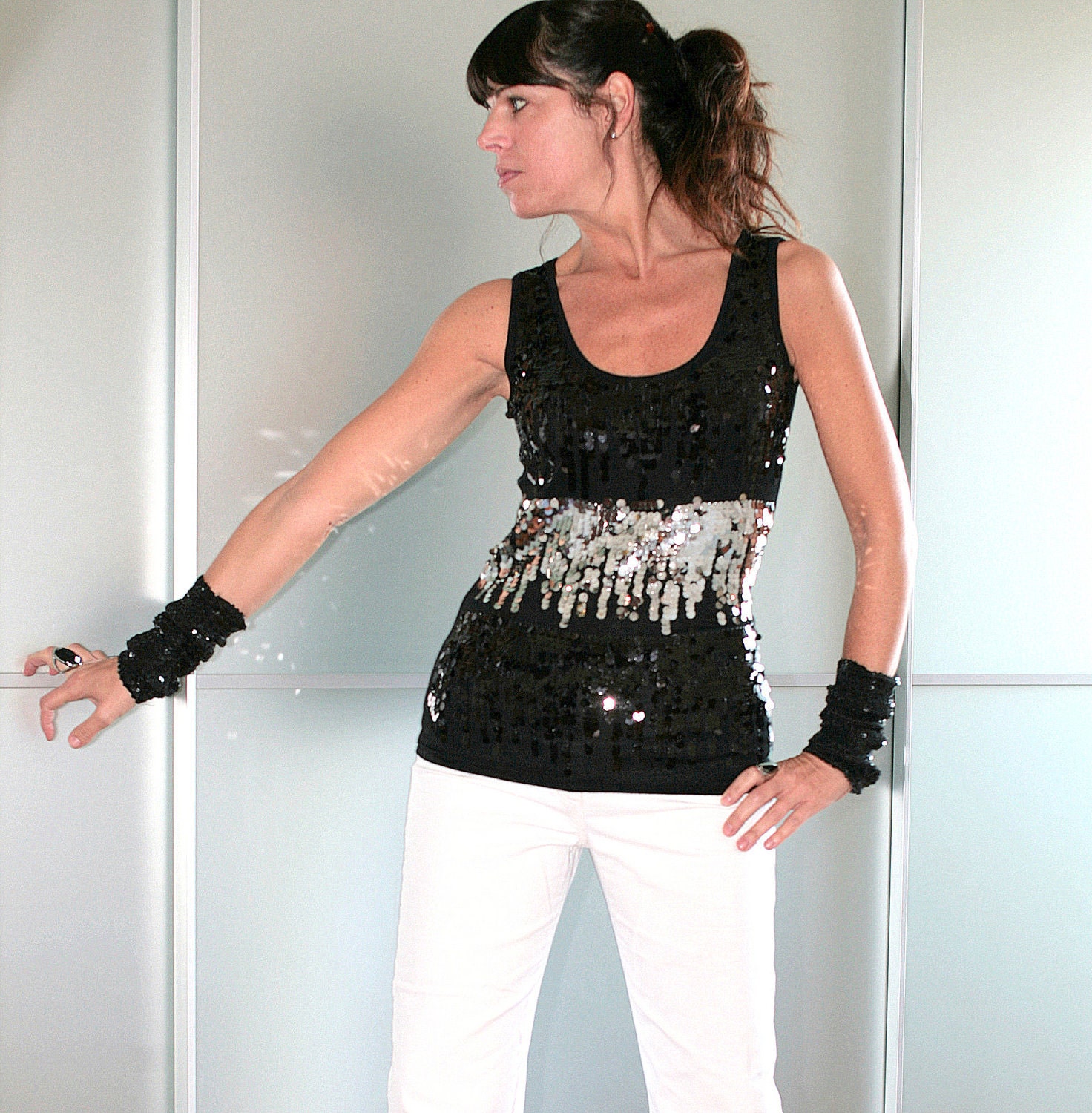 Black Sequined Sleeveless Tank Top Size XS S M