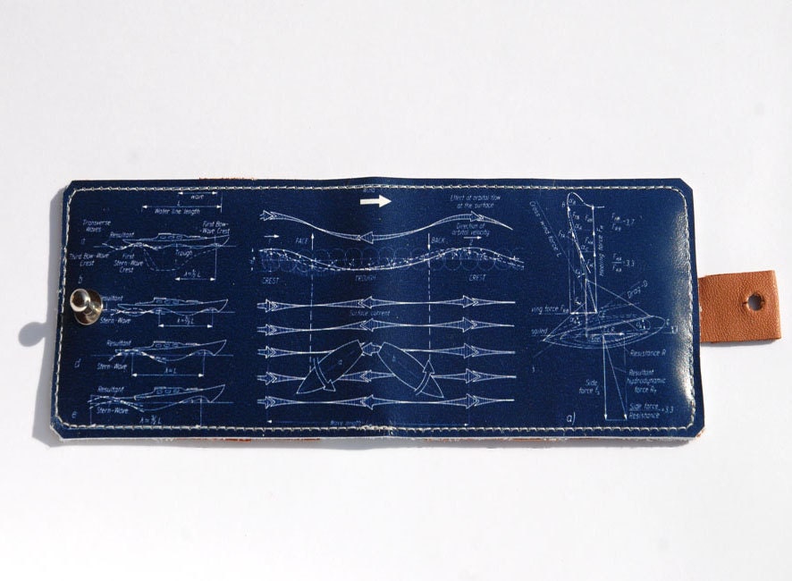 Small card holder with sail boat blueprint design with 4 slip compartments and closure