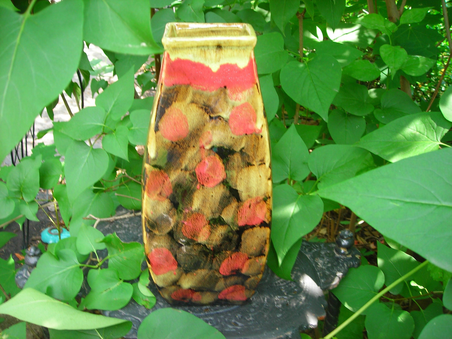 vintage vase ceramic drip glaze fall colors brown red gold black