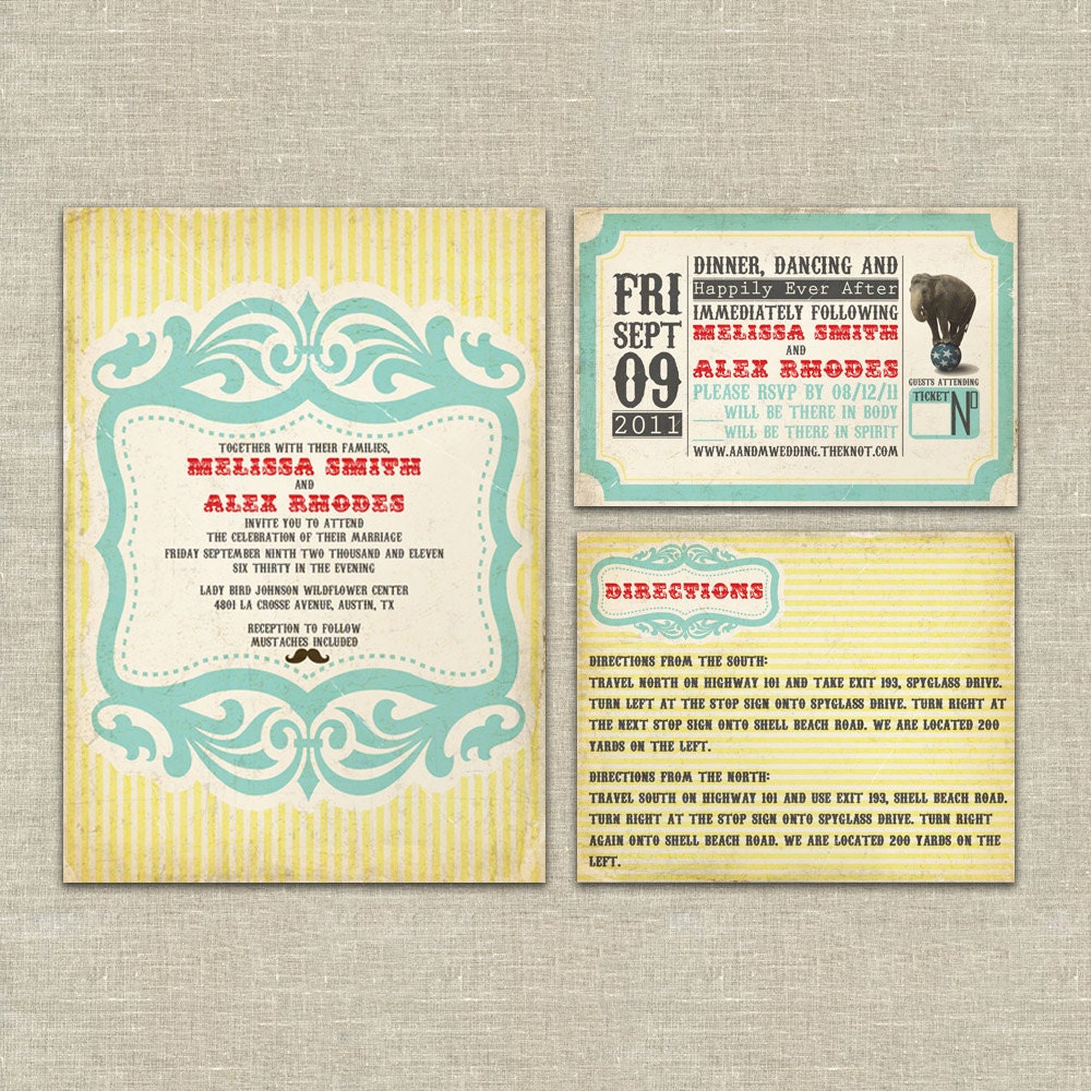 wedding invitation sample set: circus, carnival, retro, vintage, yellow, red, aqua, turquoise