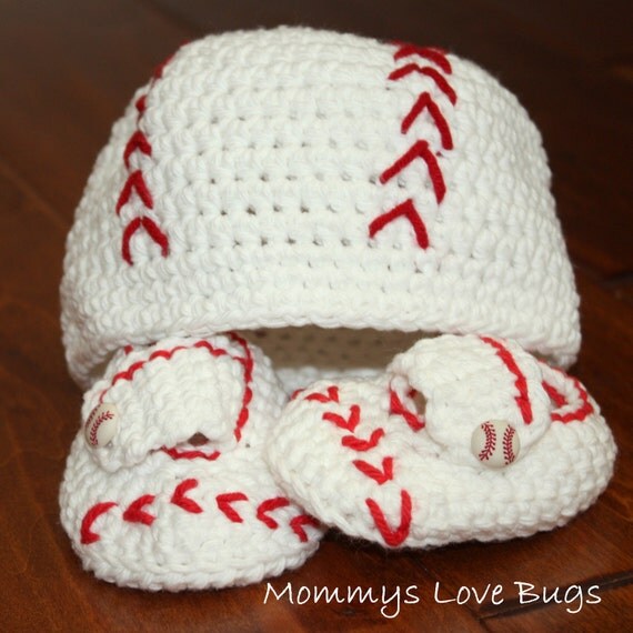 Baseball Crochet Beanie and Booties Set - Newborn through 24 Month Sizes