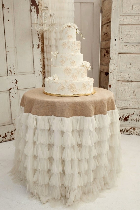 Ivory Petals and Burlap Tablecloth - Vintage Weddings